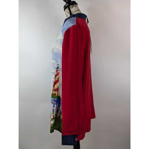 Quacker Factory Womens L Blouse Silk Landscape Nautical Long Sleeve Button Up - Picture 2 of 14